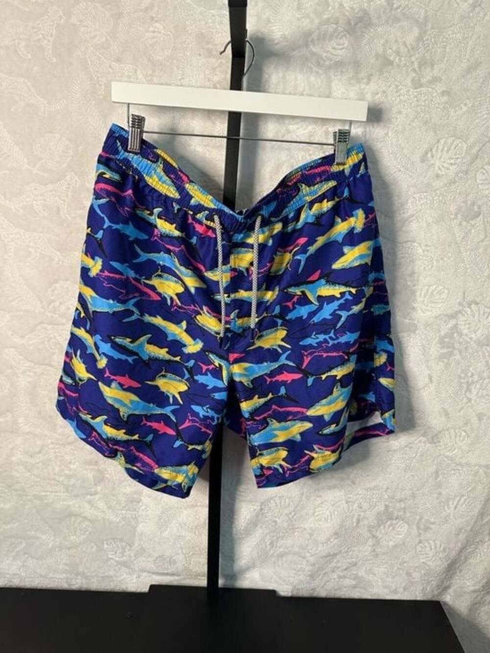 Navy Shark-Print Swim Trunks with Yellow & Pink Accents